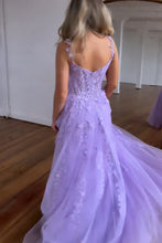 Load image into Gallery viewer, Purple A-Line Spaghetti Straps Zipper Back Long Tulle Prom Dress With Appliques
