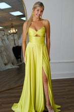 Load image into Gallery viewer, Cute A-Line Yellow Spaghetti Straps Long Satin Prom Dress with High Slit