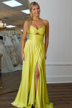 Load image into Gallery viewer, Cute A-Line Yellow Spaghetti Straps Long Satin Prom Dress with High Slit