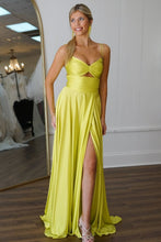 Load image into Gallery viewer, Cute A-Line Yellow Spaghetti Straps Long Satin Prom Dress with High Slit