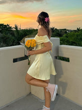 Load image into Gallery viewer, Cute A Line Off the Shoulder Yellow Satin Short Homecoming Dress