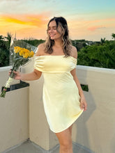Load image into Gallery viewer, Cute A Line Off the Shoulder Yellow Satin Short Homecoming Dress