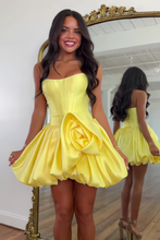 Load image into Gallery viewer, Cute A Line Strapless Yellow Corset Homecoming Dress with 3D Flowers