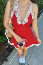 Load image into Gallery viewer, Cute A Line Halter Neck Red Polka Dots Short Homecoming Dress with Lace