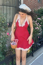 Load image into Gallery viewer, Cute A Line Halter Neck Red Polka Dots Short Homecoming Dress with Lace