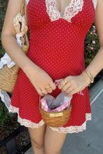 Load image into Gallery viewer, Cute A Line Halter Neck Red Polka Dots Short Homecoming Dress with Lace