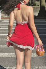 Load image into Gallery viewer, Cute A Line Halter Neck Red Polka Dots Short Homecoming Dress with Lace