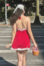 Load image into Gallery viewer, Cute A Line Halter Neck Red Polka Dots Short Homecoming Dress with Lace