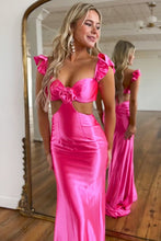 Load image into Gallery viewer, Hot Pink Satin Cutout Waist Mermaid Long Prom Dress With Flower