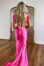 Load image into Gallery viewer, Hot Pink Satin Cutout Waist Mermaid Long Prom Dress With Flower