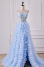 Load image into Gallery viewer, Cute Light Blue Sweetheart A-Line Lace Top Long Tulle Prom Dress With Slit