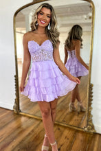 Load image into Gallery viewer, Cute Lilac A-Line Sweetheart Short Tiered Lace Top Homecoming Dress