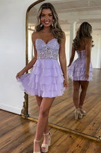 Load image into Gallery viewer, Cute Lilac A-Line Sweetheart Short Tiered Lace Top Homecoming Dress