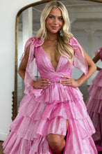 Load image into Gallery viewer, Cute Pink Princess A Line Deep V-Neck Long Tiered Prom Dress With Split