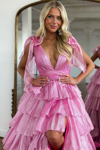 Cute Pink Princess A Line Deep V-Neck Long Tiered Prom Dress With Split