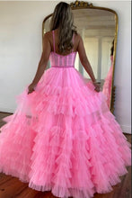 Load image into Gallery viewer, Cute Pink A-Line Spaghetti Straps Long Tiered Tulle Prom Dress