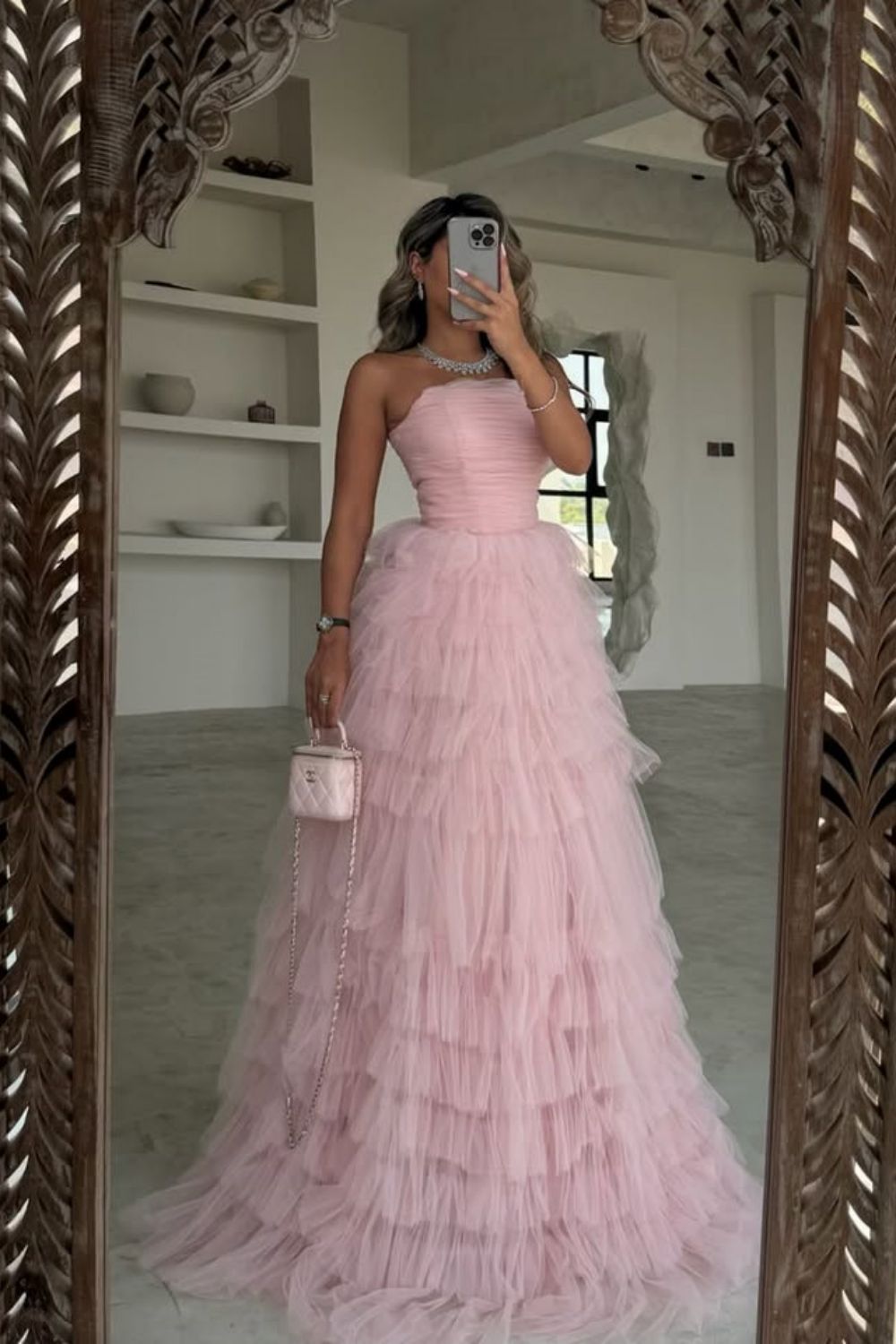 Cute Pink A-Line Strapless Lace Up Long Layered Tulle Prom Dress