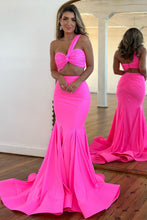 Load image into Gallery viewer, Hot Pink Satin Mermaid One Shoulder Cutout Waist Long Prom Dress