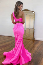 Load image into Gallery viewer, Hot Pink Satin Mermaid One Shoulder Cutout Waist Long Prom Dress
