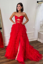 Load image into Gallery viewer, Cute Red A-Line Sweetheart Long Tulle Prom Dress with Bowknot Slit