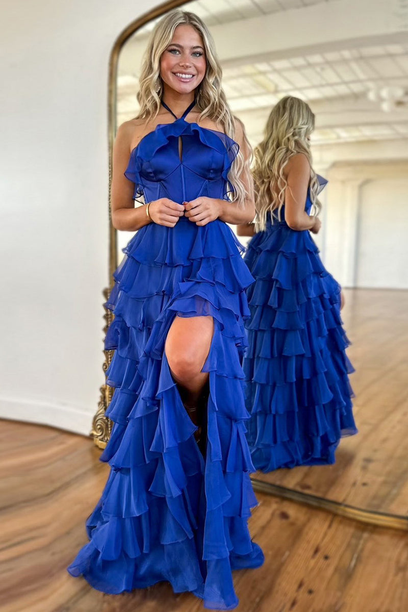 cute royal blue dresses Luuvis Women A-Line Halter Neck Long Tiered Prom Dress with Slit Size (FR):48