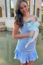 Load image into Gallery viewer, Cute Sheath Strapless Light Blue Short Homecoming Dress with Ruffles