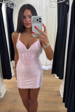Load image into Gallery viewer, Cute Sheath Sweetheart Pink Corset Homecoming Dress with Pearls