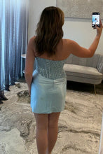 Load image into Gallery viewer, Glamorous Strapless Mini Homecoming Dress with Beaded Corset and Draped Skirt