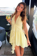 Load image into Gallery viewer, Cute A Line Halter Neck Light Yellow Short Homecoming Dress with Ruffles
