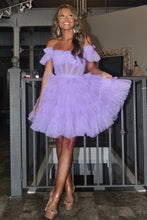 Load image into Gallery viewer, Cute Lilac A-Line Off The Shoulder Lace Up Short Tulle Homecoming Dress