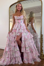 Load image into Gallery viewer, Sweety A-Line Sweetheart Pink Printed Long Tiered Prom Dress with Slit