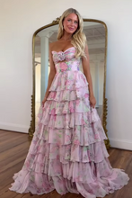 Load image into Gallery viewer, Sweety A-Line Sweetheart Pink Printed Long Tiered Prom Dress with Slit