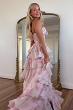 Load image into Gallery viewer, Sweety A-Line Sweetheart Pink Printed Long Tiered Prom Dress with Slit