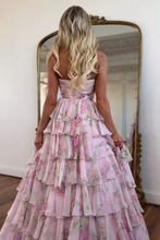 Load image into Gallery viewer, Sweety A-Line Sweetheart Pink Printed Long Tiered Prom Dress with Slit