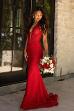 Load image into Gallery viewer, Cute Yellow Mermaid Halter Neck Backless Long Lace Prom Dress
