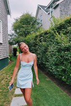 Load image into Gallery viewer, Cute Sheath Spaghetti Straps Light Blue Satin Short Homecoming Dress with Slit