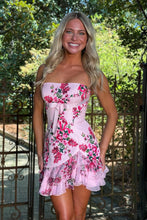 Load image into Gallery viewer, Cute Sheath Strapless Pink Foral Printed Short Homecoming Dress with Bowknot
