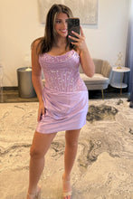 Load image into Gallery viewer, Glamorous Strapless Mini Homecoming Dress with Beaded Corset and Draped Skirt