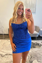 Load image into Gallery viewer, Glamorous Strapless Mini Homecoming Dress with Beaded Corset and Draped Skirt