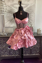 Load image into Gallery viewer, Cute A-Line Spaghetti Straps Short Satin Homecoming Dress With Flowers
