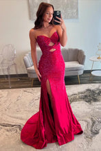 Load image into Gallery viewer, Cute Hot Pink Mermaid Strapless Long Beaded Prom Dress with Slit