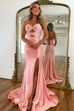 Load image into Gallery viewer, Cute Hot Pink Mermaid Strapless Long Beaded Prom Dress with Slit