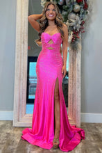 Load image into Gallery viewer, Cute Hot Pink Mermaid Strapless Long Beaded Prom Dress with Slit