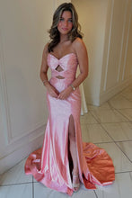 Load image into Gallery viewer, Cute Hot Pink Mermaid Strapless Long Beaded Prom Dress with Slit