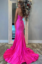 Load image into Gallery viewer, Cute Hot Pink Mermaid Strapless Long Beaded Prom Dress with Slit