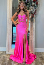 Load image into Gallery viewer, Cute Hot Pink Mermaid Strapless Long Beaded Prom Dress with Slit