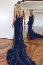 Load image into Gallery viewer, Purple Mermaid V-Neck Zipper Back Satin Long Prom Dress With Split