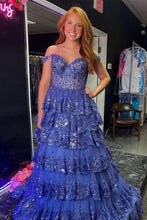 Load image into Gallery viewer, Gorgeous Gold A-Line Off The Shoulder Lace Up Long Prom Dress with Sequin