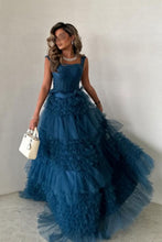 Load image into Gallery viewer, Dark Blue A-Line Straps Long Ruffle Tulle Formal Party Dress