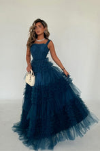 Load image into Gallery viewer, Dark Blue A-Line Straps Long Ruffle Tulle Formal Party Dress
